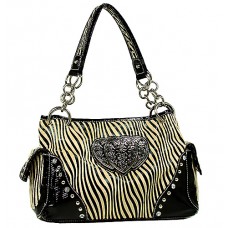 Animal Zebra Print Satchel Bags w/ 3-Heart Charm - Beige - BG-112HZ-BEI